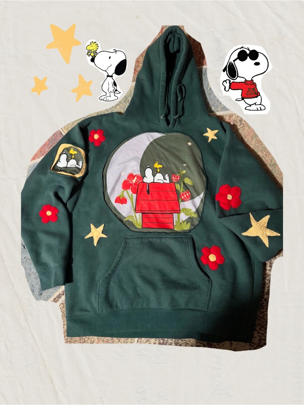 Green Snoopy & Woodstock upcycled hoodie 2XL